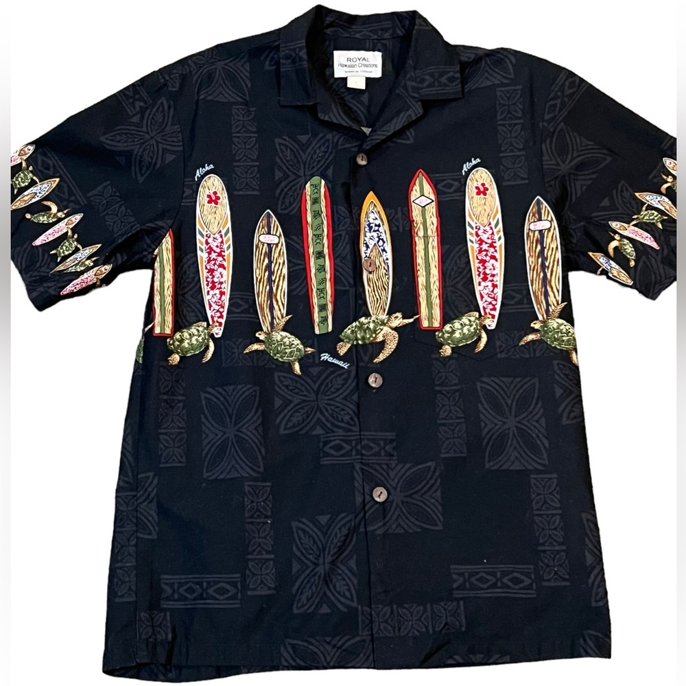 ROYAL HAWAIIAN CREATIONS button down short sleeve shirt small surfboard turtles